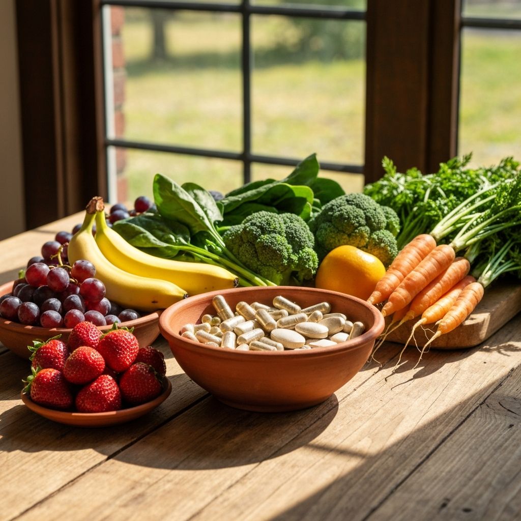 Natural supplements and fresh produce on wooden table